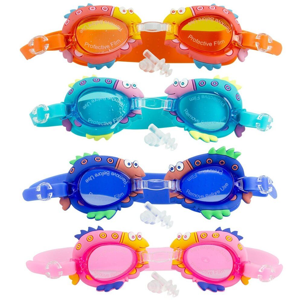 Kids Swimming Goggles Fish Design with Ear Plugs Assorted Colours - Random Colour Supplied Pack of 4