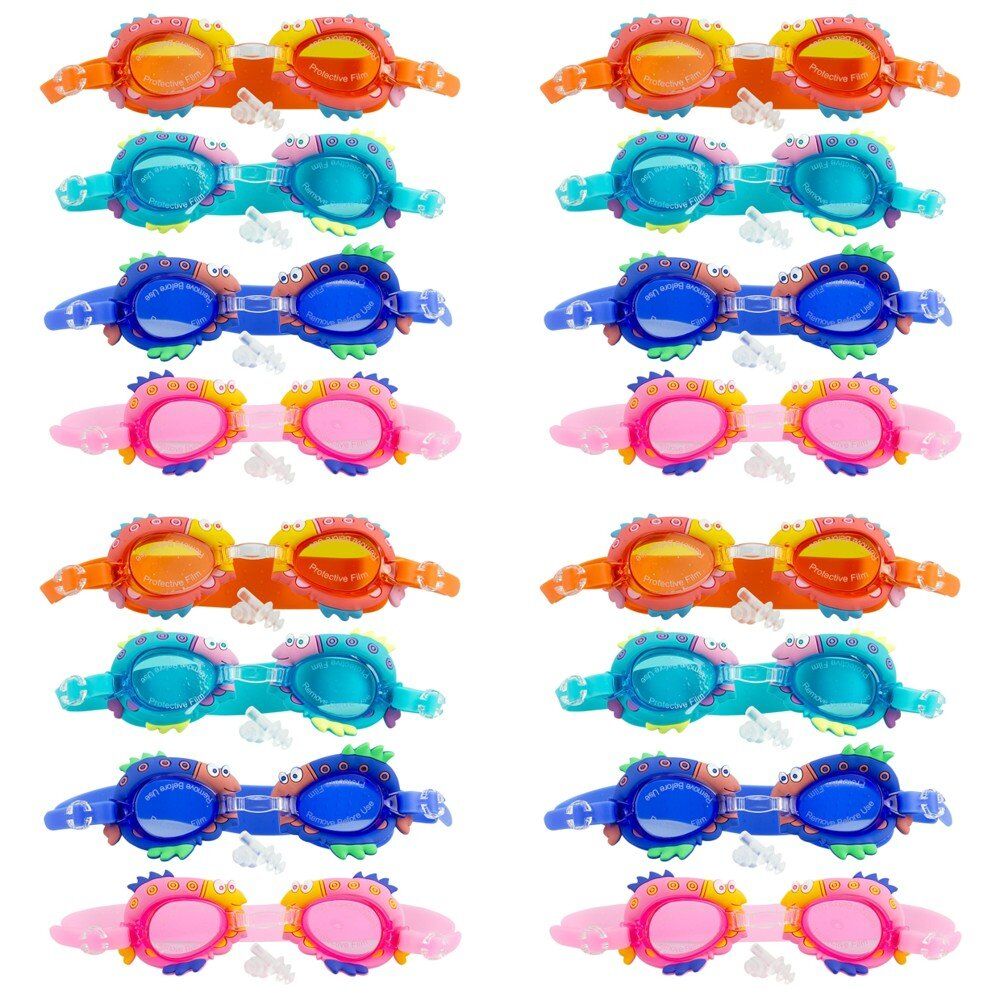 Kids Swimming Goggles Fish Design with Ear Plugs Assorted Colours - Random Colour Supplied Pack of 4