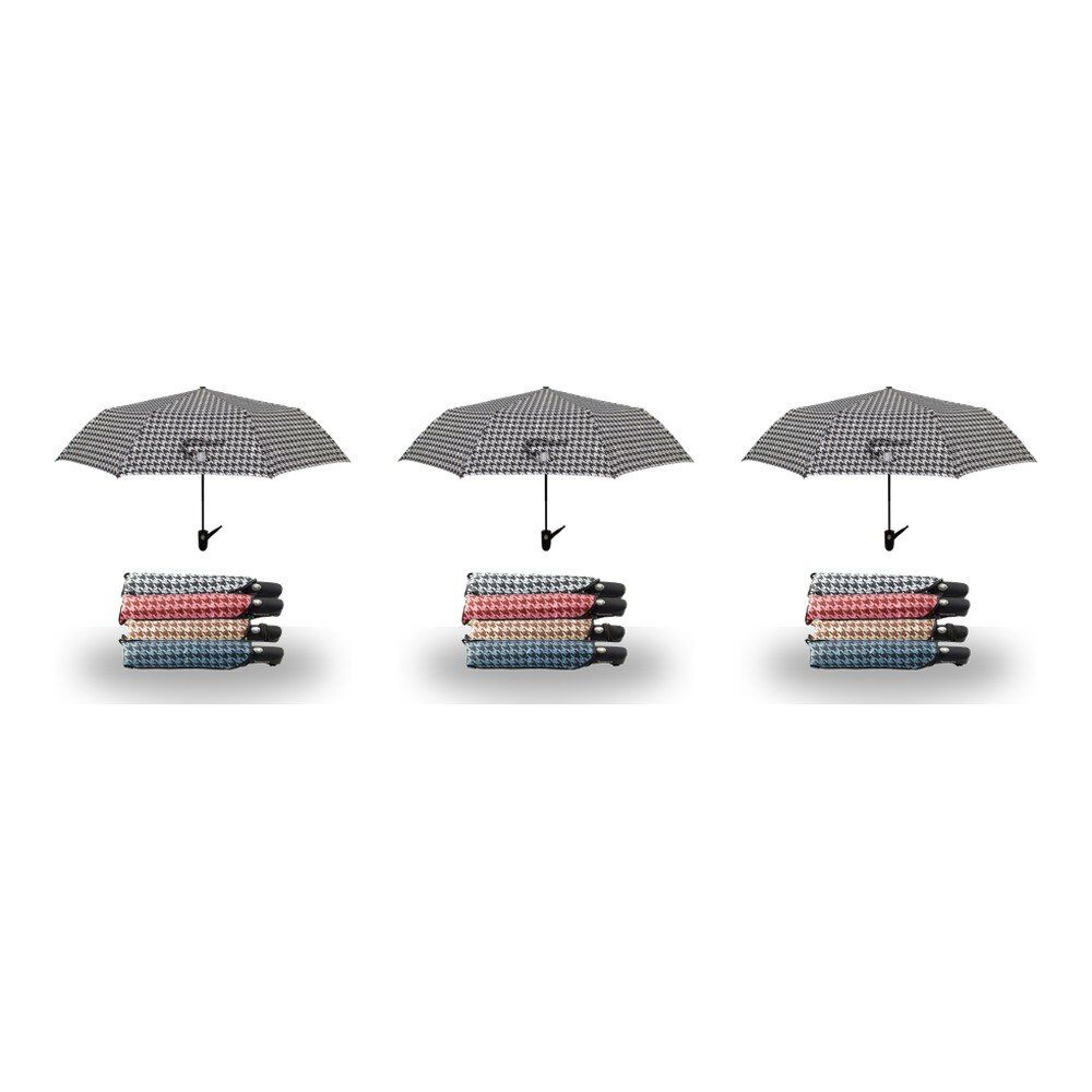 Compact Folding Umbrella Houndstooth Print Push Button Assorted Colours - Random Colour Supplied Pack of 3