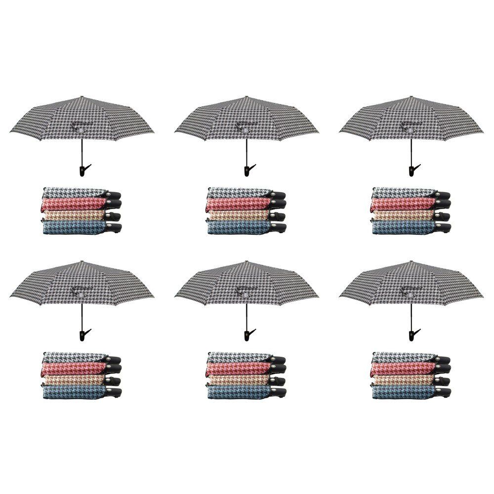 Compact Folding Umbrella Houndstooth Print Push Button Assorted Colours - Random Colour Supplied Pack of 6