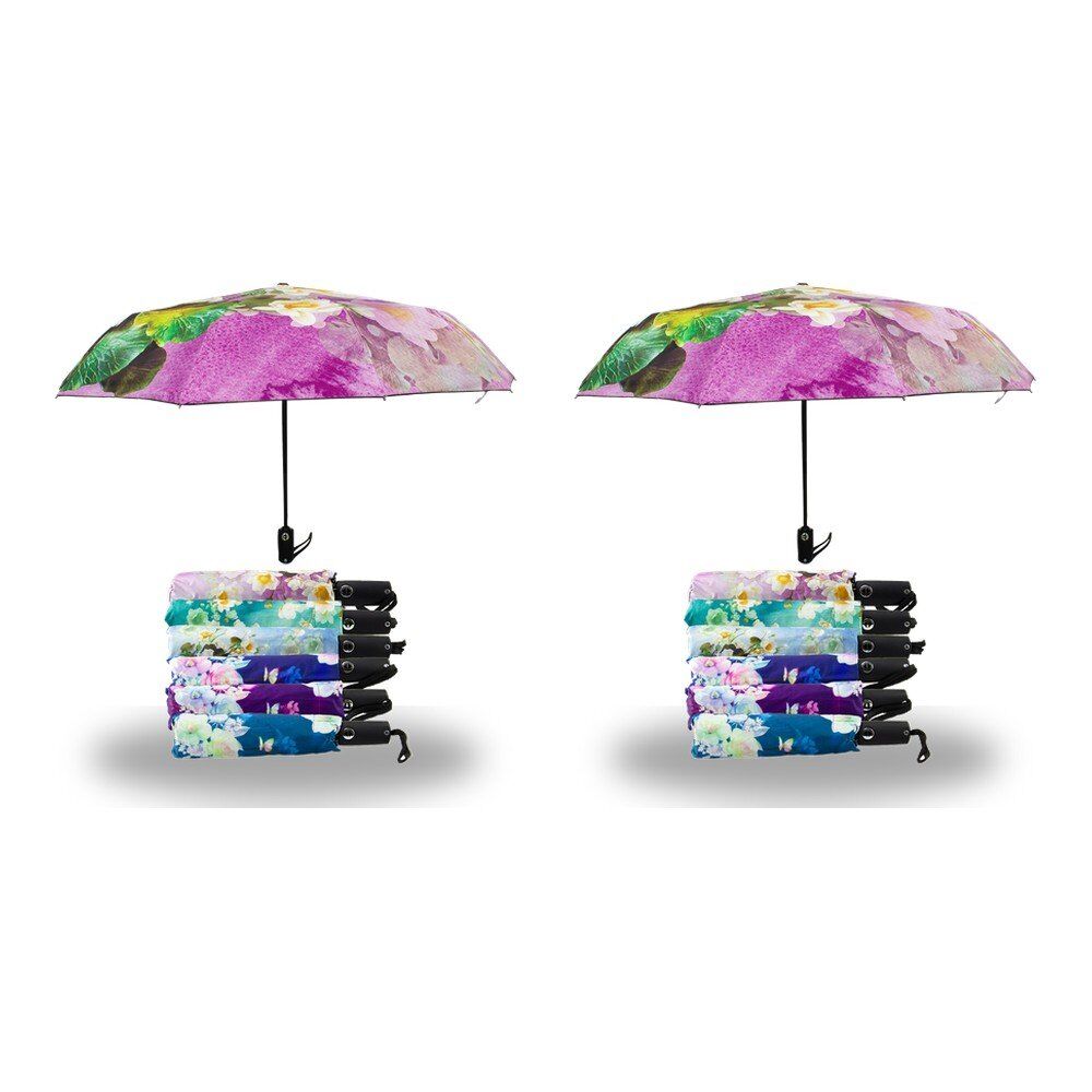 Compact Folding Umbrella Floral Prints Push Button Assorted Designs - Random Design Supplied Pack of 2