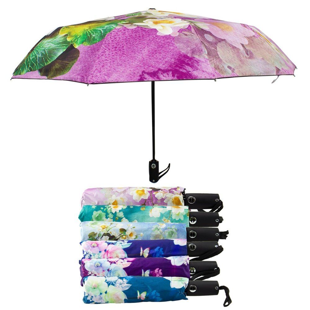 Compact Folding Umbrella Floral Prints Push Button Assorted Designs - Random Design Supplied Pack of 4