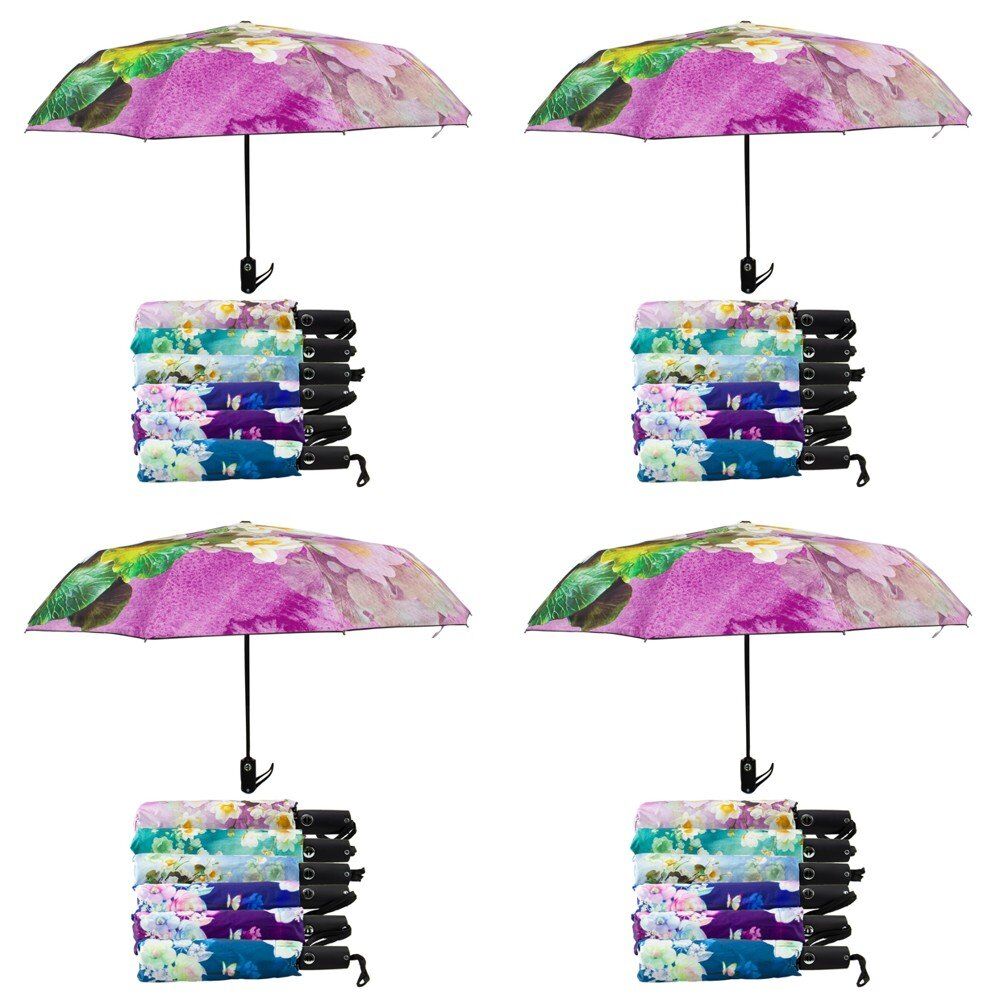 Compact Folding Umbrella Floral Prints Push Button Assorted Designs - Random Design Supplied Pack of 4