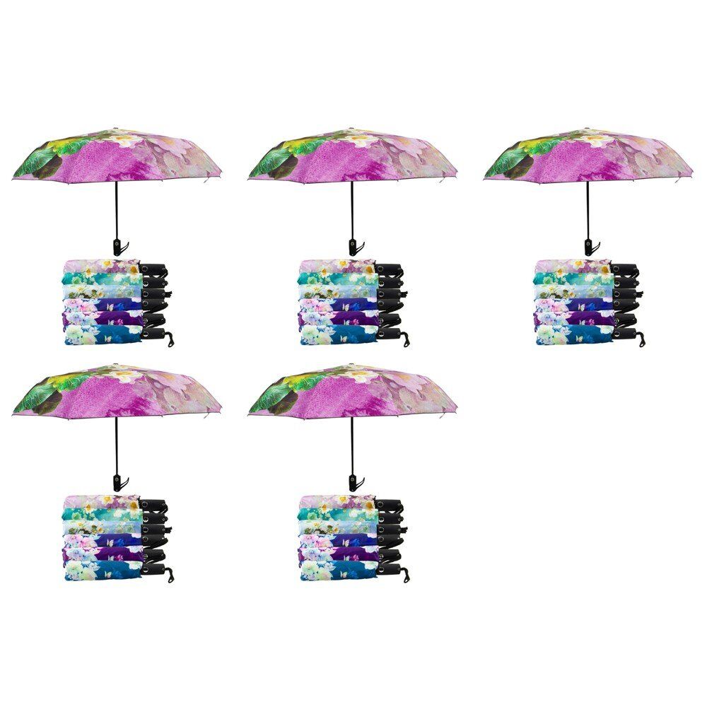 Compact Folding Umbrella Floral Prints Push Button Assorted Designs - Random Design Supplied Pack of 5
