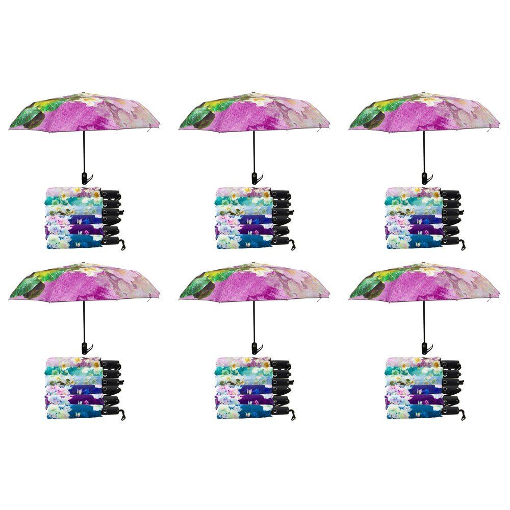 Compact Folding Umbrella Floral Prints Push Button Assorted Designs - Random Design Supplied Pack of 6