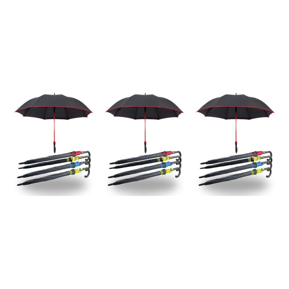Long Black Umbrella U Shaped Handle Coloured Trim Assorted Colours - Random Colour Supplied Pack of 3