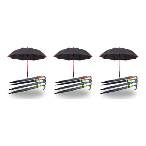 Long Black Umbrella U Shaped Handle Coloured Trim Assorted Colours - Random Colour Supplied Pack of 3