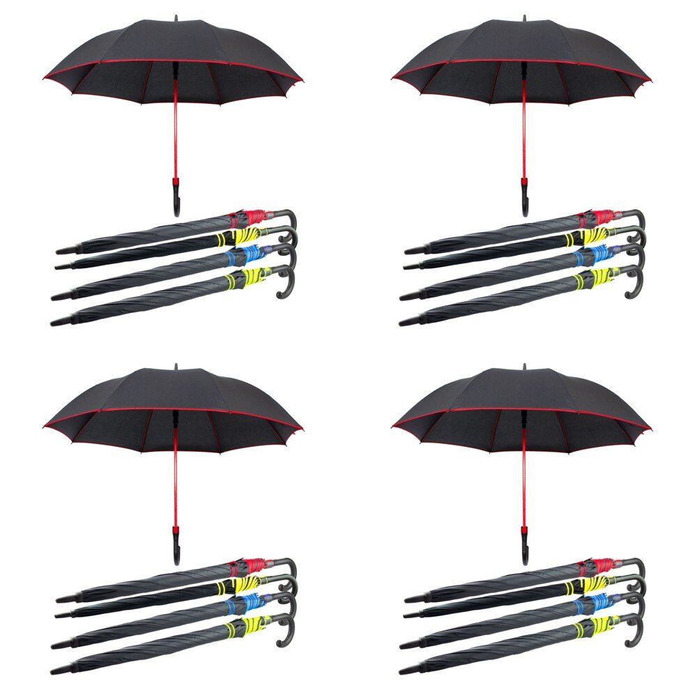 Long Black Umbrella U Shaped Handle Coloured Trim Assorted Colours - Random Colour Supplied Pack of 4