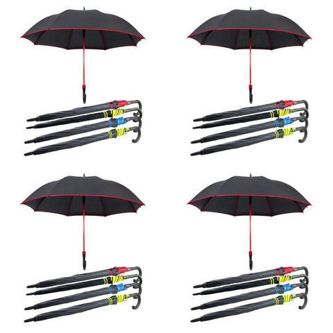 Long Black Umbrella U Shaped Handle Coloured Trim Assorted Colours - Random Colour Supplied Pack of 4