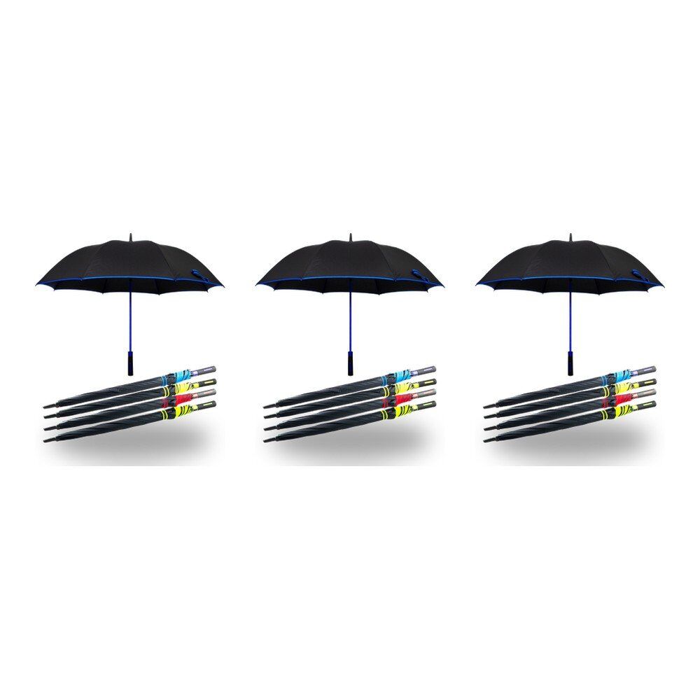 Long Black Umbrella Straight Handle Coloured Trim Assorted Colours - Random Colour Supplied Pack of 3