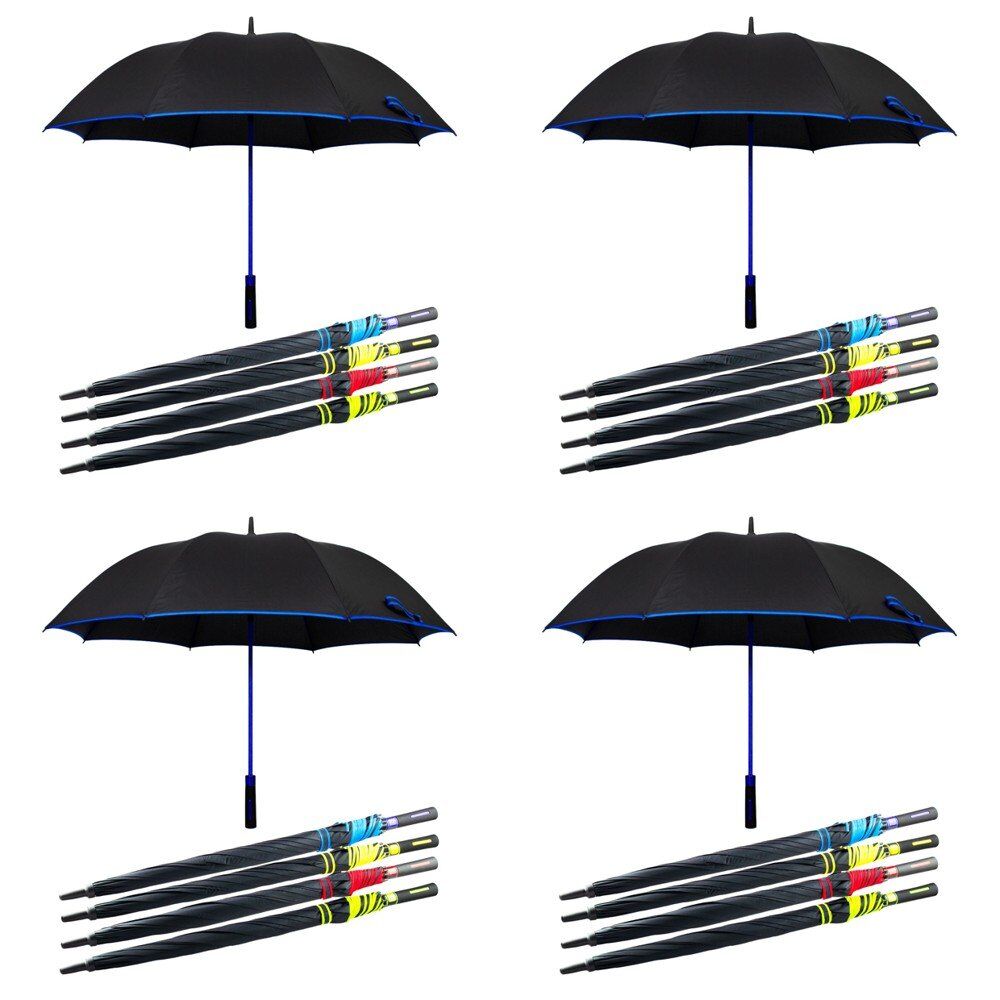 Long Black Umbrella Straight Handle Coloured Trim Assorted Colours - Random Colour Supplied Pack of 4