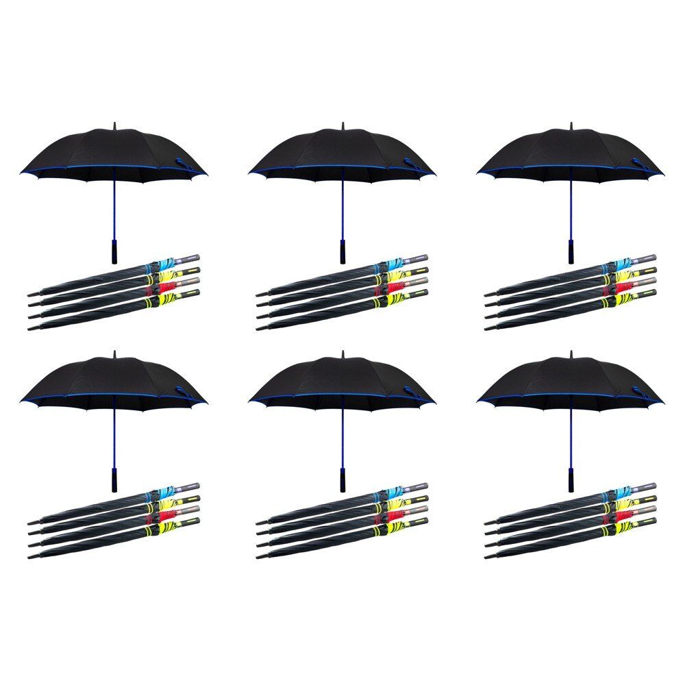 Long Black Umbrella Straight Handle Coloured Trim Assorted Colours - Random Colour Supplied Pack of 6