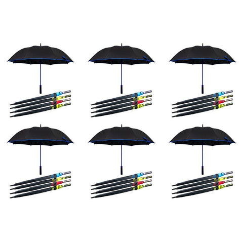 Long Black Umbrella Straight Handle Coloured Trim Assorted Colours - Random Colour Supplied Pack of 6