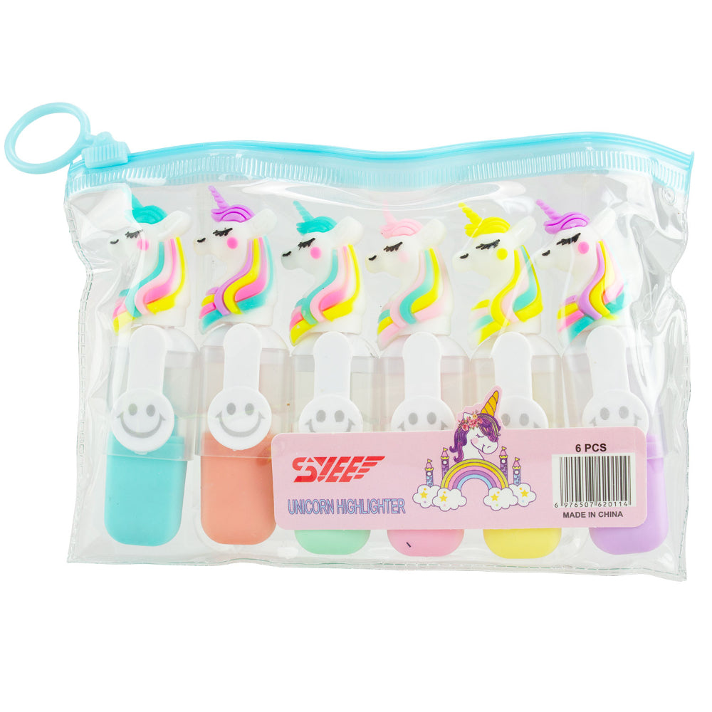 Kids School Mini Highlighter Set Of 6 In Unicorn Design And Pencil Case