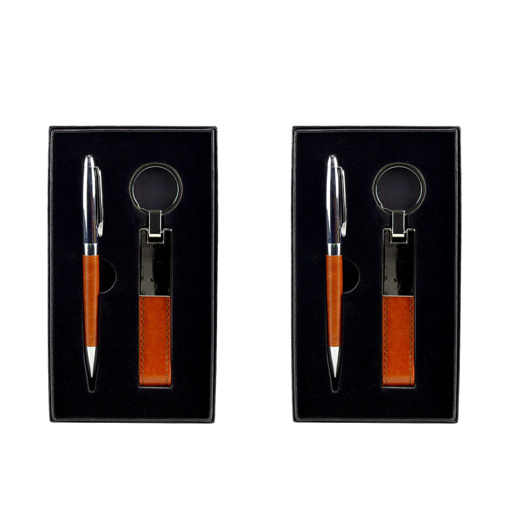 Office Essentials 2 Pack Brown Pen and Matching Keyring with Black Case