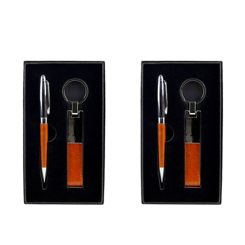 Office Essentials 2 Pack Brown Pen and Matching Keyring with Black Case