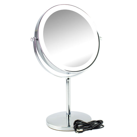 LED Round Mirror Rechargeable Silver Metal Self Standing Rotatable