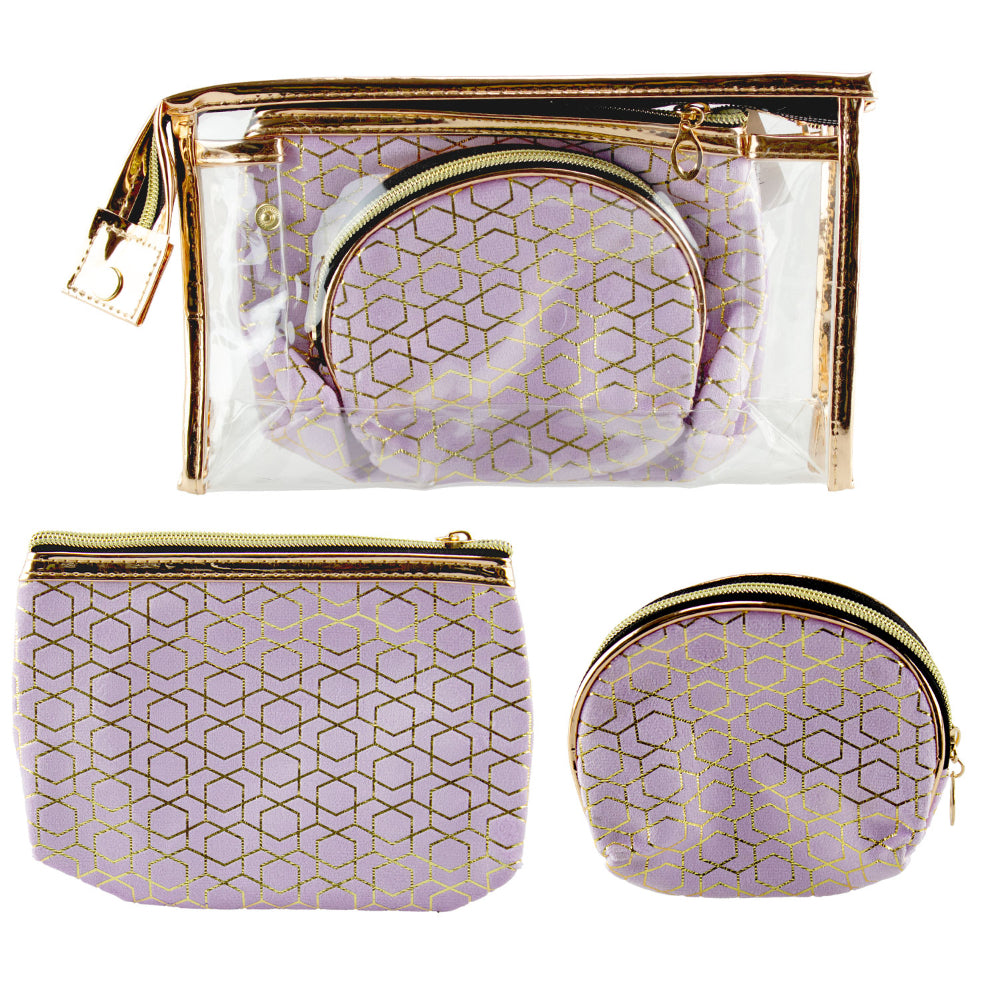 Lulu Grace 3 Piece Cosmetic Bag Set Purple With Hexagon Print Design