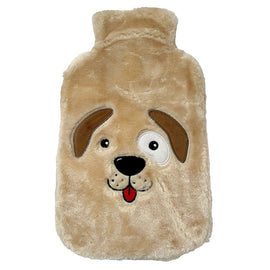 Brown Dog Hot Water Bottle Cover Soft Plush Puppy Design with Velcro