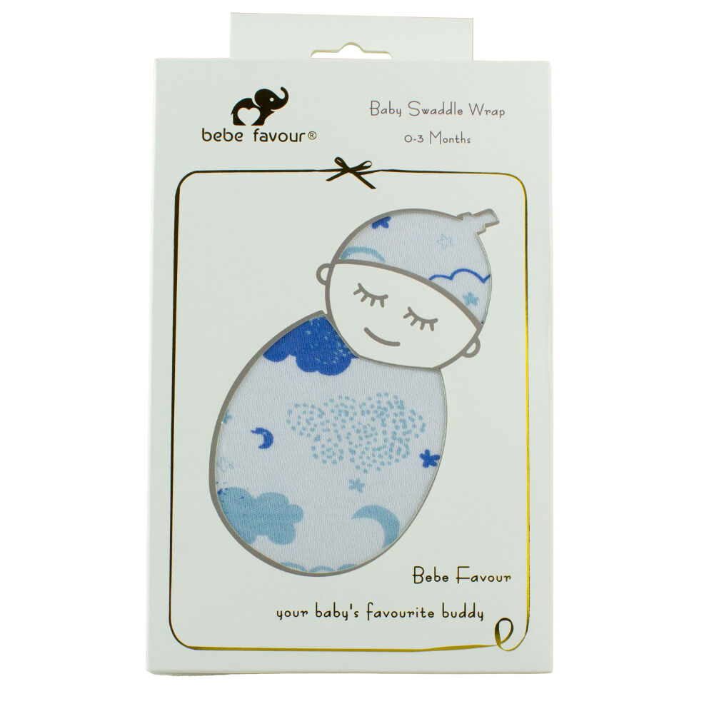 Bebe Favour Baby Swaddle Wrap Blue 0D3 Months 100% Cotton Gift Ready