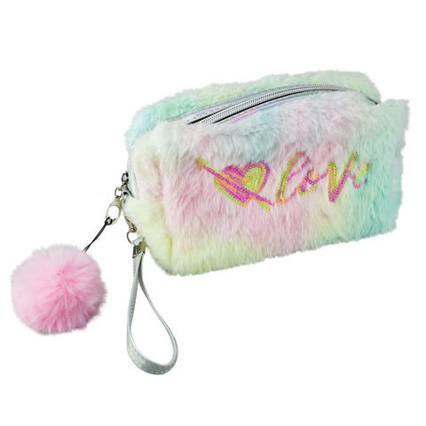 Lulu Grace Cosmetic Bag Pink Furry Rainbow with Pompom & Wrist Strap