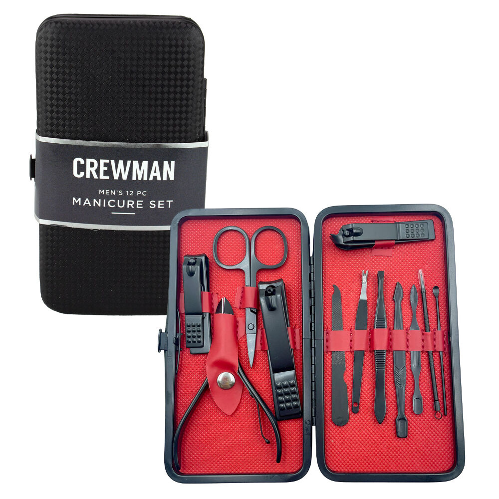 Crewman MenOs Manicure Set 12pc Grooming Kit in Black & Red Travel Case