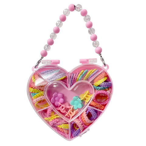 Kids Hair Accessories Set in Heart Case with Clips Ties & Beaded Handle