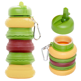 Collapsible Burger Water Bottle Green with Straw & Keychain Clip