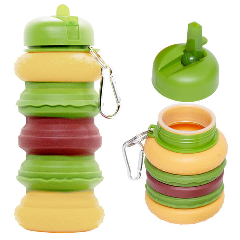 Collapsible Burger Water Bottle Green with Straw & Keychain Clip