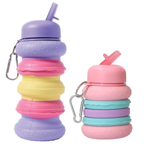 Collapsible Burger Water Bottle Pastel with Straw & Keychain Clip