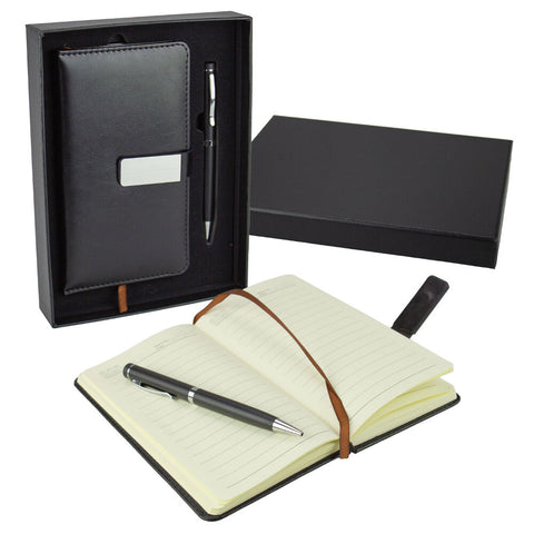 Notebook & Pen Gift Set Black Faux Leather with Silver Clasp & Gift Box