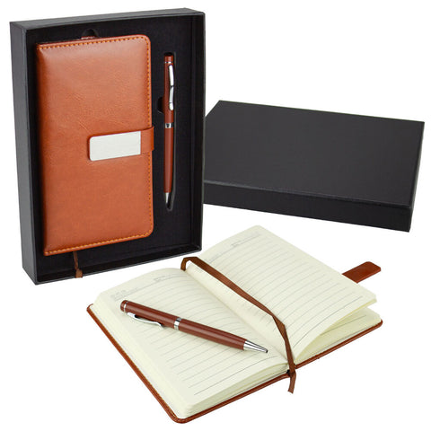 Notebook & Pen Gift Set Tan Faux Leather with Silver Clasp & Gift Box