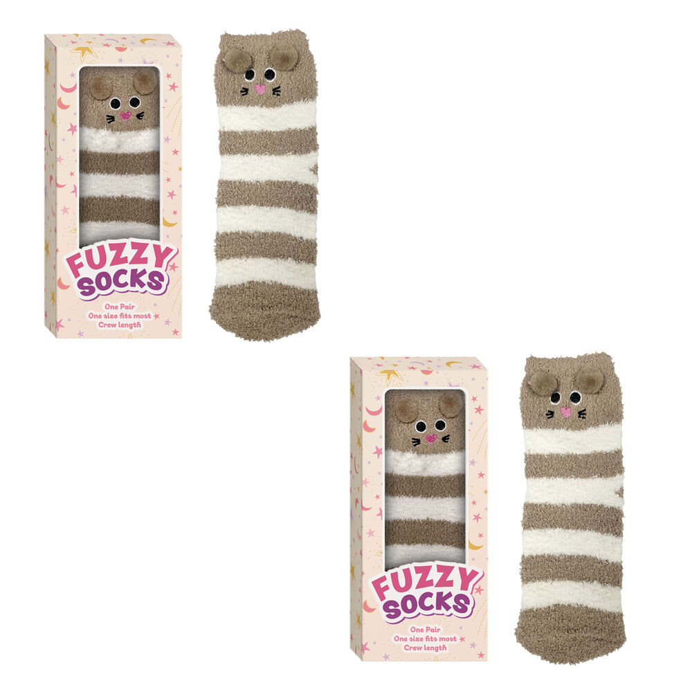 Fuzzy Crew Socks Mouse Design Gift Boxed One Size Fits Most Pack of 2