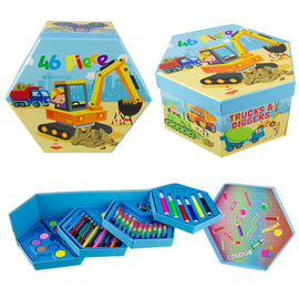 Kids Art Set 46pc Trucks & Diggers Theme with Crayons Paints & Markers