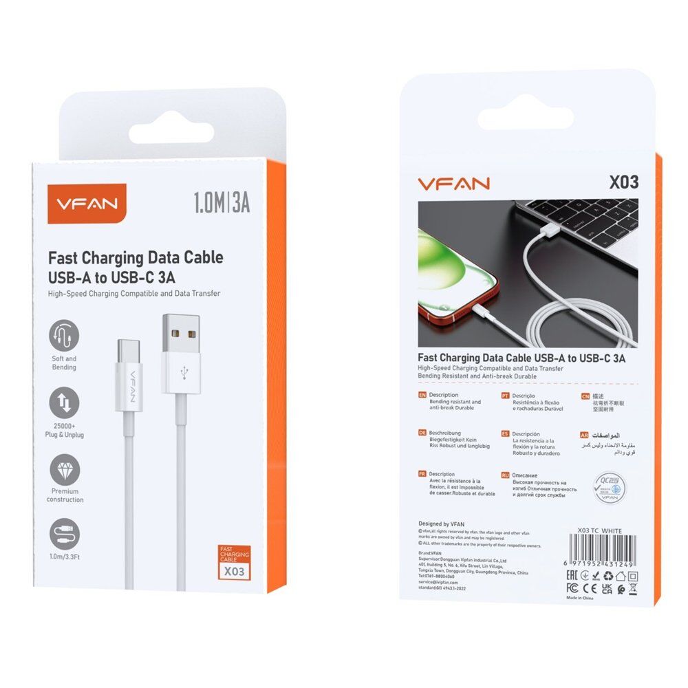 USB-A to USB-C Fast Charging Data Cable 3A 1m White Pack of 3