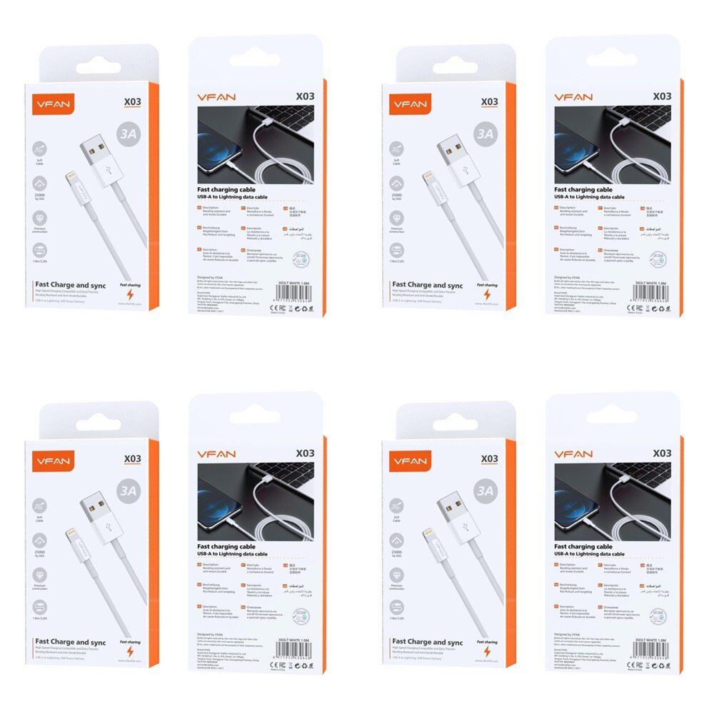 USB-A to Lightning Fast Charging Cable 3A 1m White Pack of 4