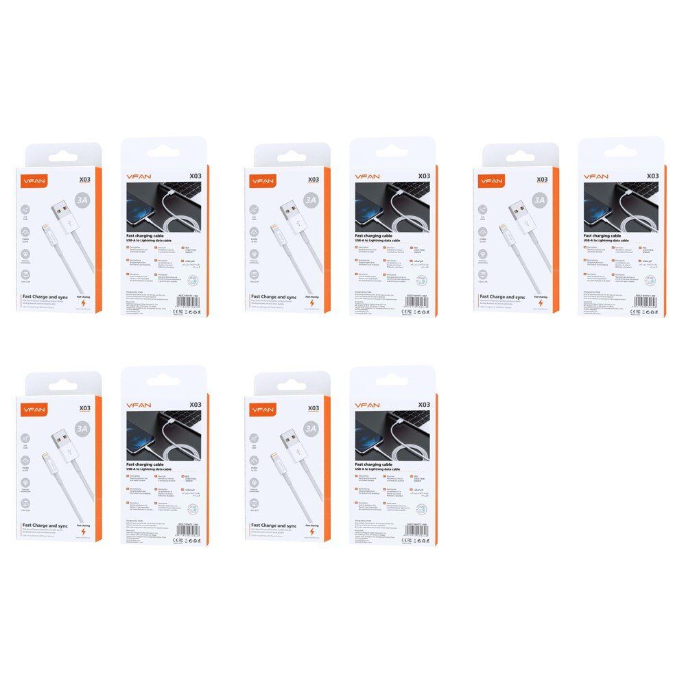 USB-A to Lightning Fast Charging Cable 3A 1m White Pack of 5