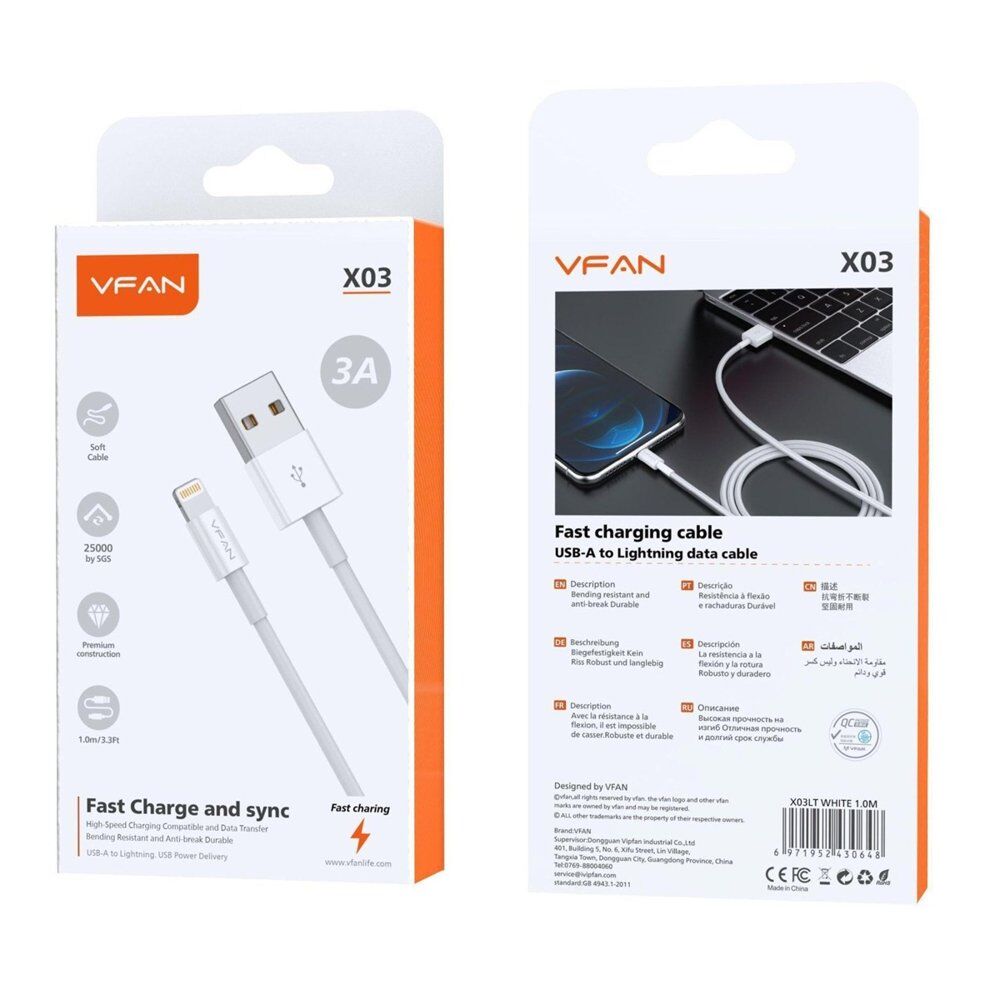USB-A to Lightning Fast Charging Cable 3A 1m White Pack of 6