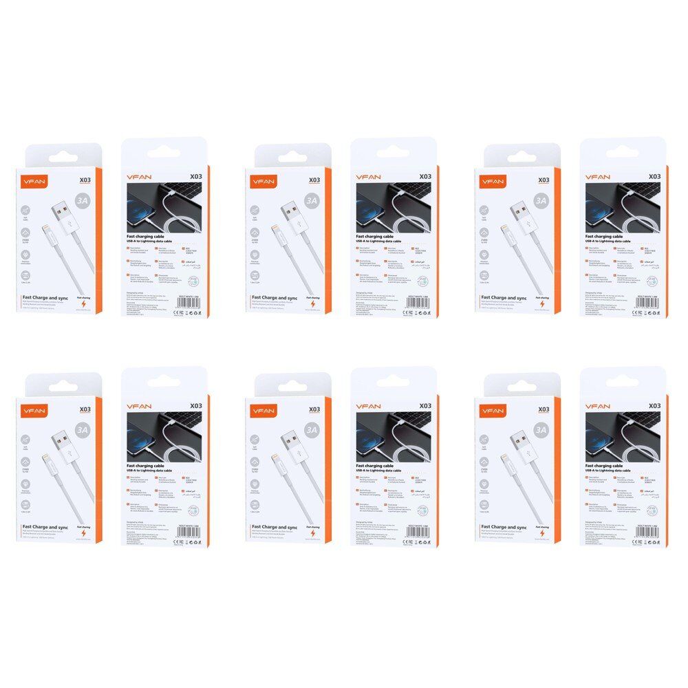USB-A to Lightning Fast Charging Cable 3A 1m White Pack of 6