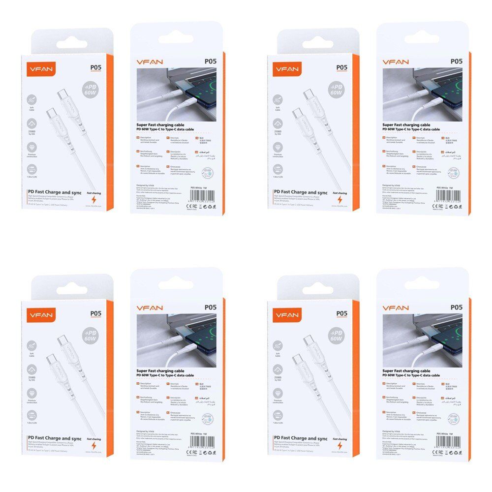 USB-C to USB-C Fast Charging Cable PD 60W 1m White Pack of 4