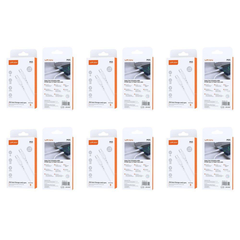 USB-C to USB-C Fast Charging Cable PD 60W 1m White Pack of 6