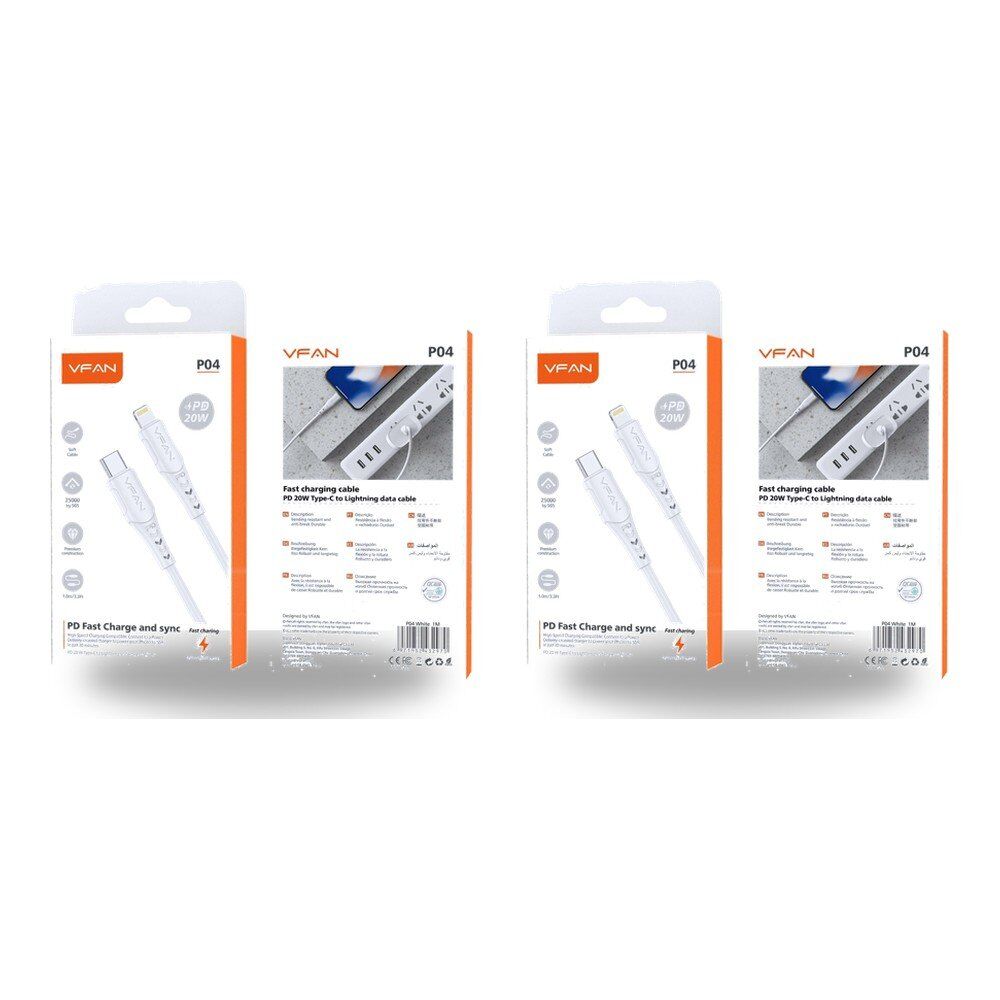 USB-C to Lightning Fast Charging Cable PD 20W 1m White Pack of 2