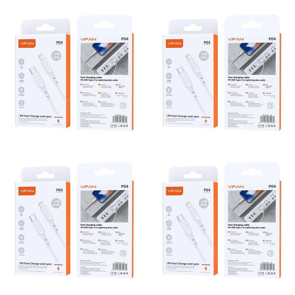 USB-C to Lightning Fast Charging Cable PD 20W 1m White Pack of 4