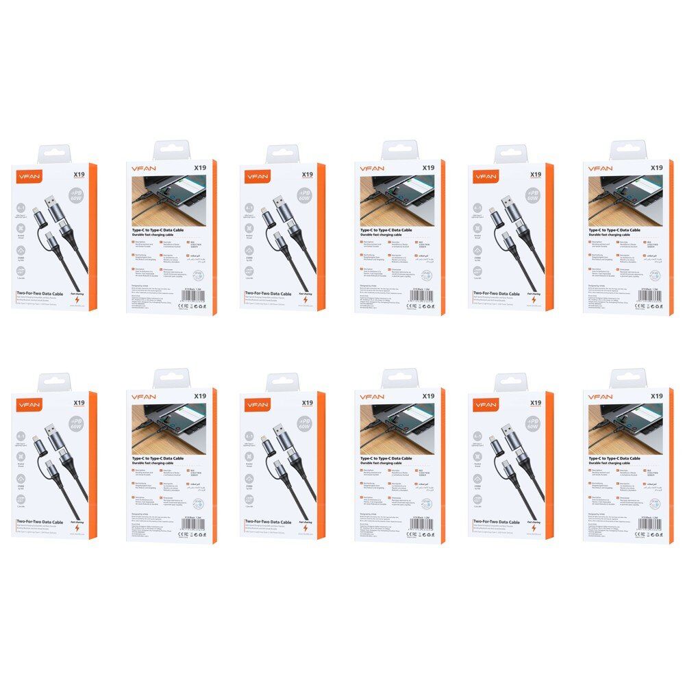 4 in 1 Multi Charging Cable USB-A and USB-C to USB-C and Lightning PD 60W 1.2m Black Pack of 6