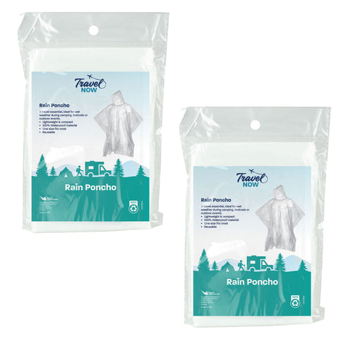 Travel Now Clear Waterproof Rain Poncho Reusable One Size Fits Most Pack of 2