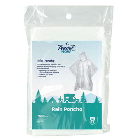Travel Now Clear Waterproof Rain Poncho One Size Fits Most Reusable