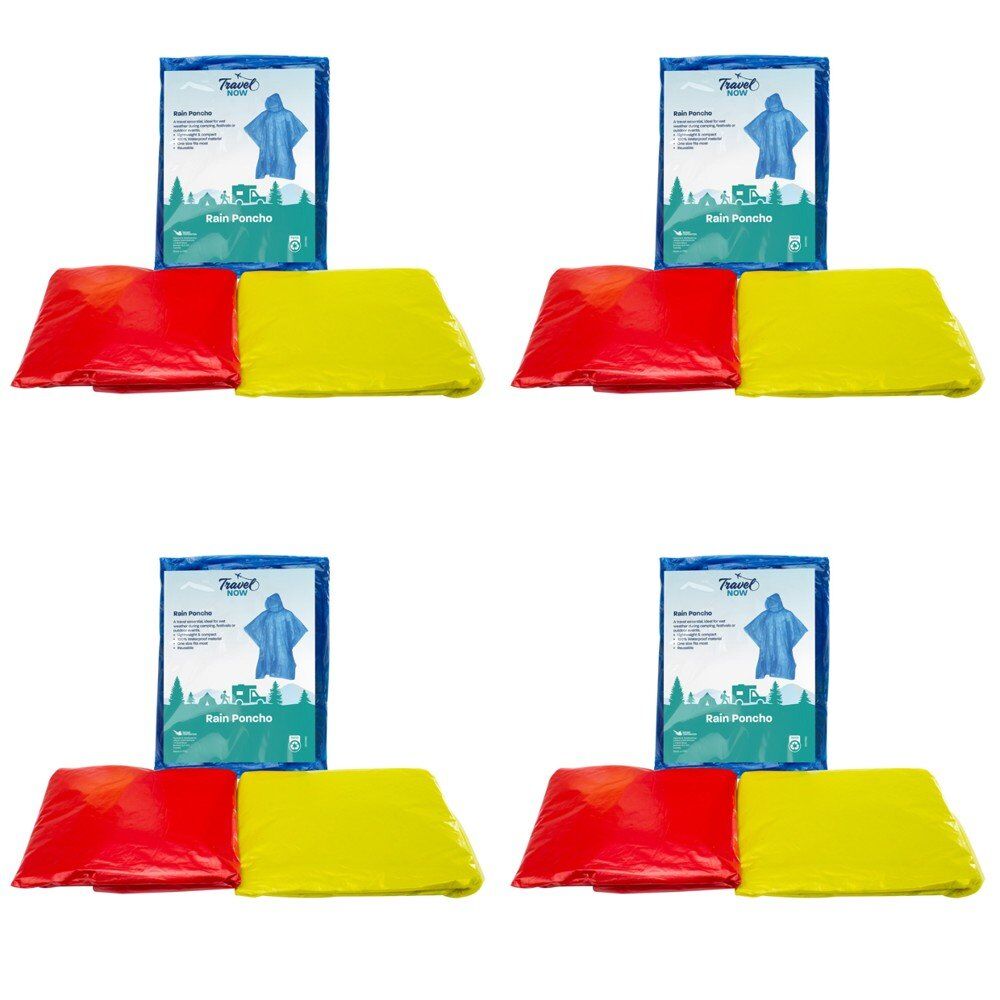 Travel Now Rain Poncho Hooded Reusable One Size - Random Colour Supplied Pack of 4