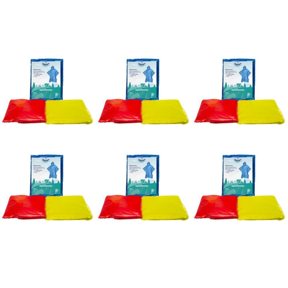 Travel Now Rain Poncho Hooded Reusable One Size - Random Colour Supplied Pack of 6