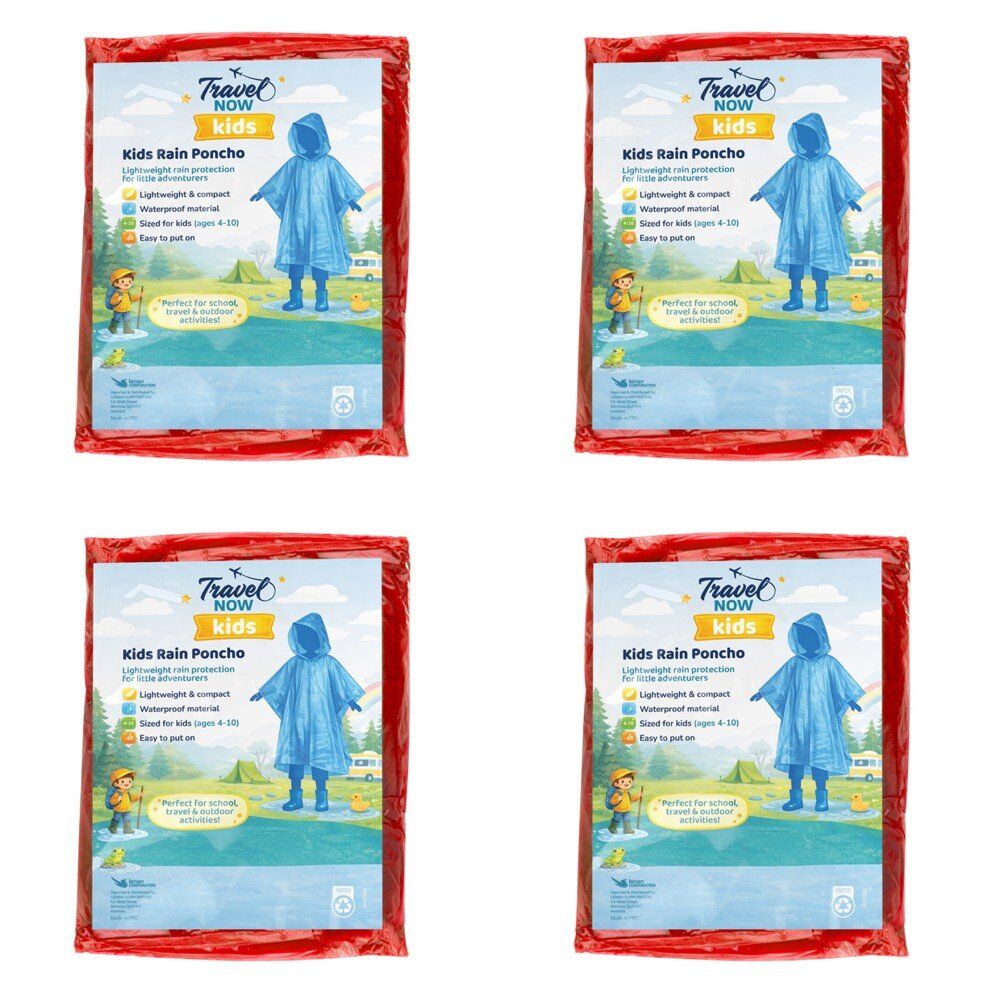 Travel Now Kids Rain Poncho Hooded Ages 4-10 - Random Colour Supplied Pack of 4