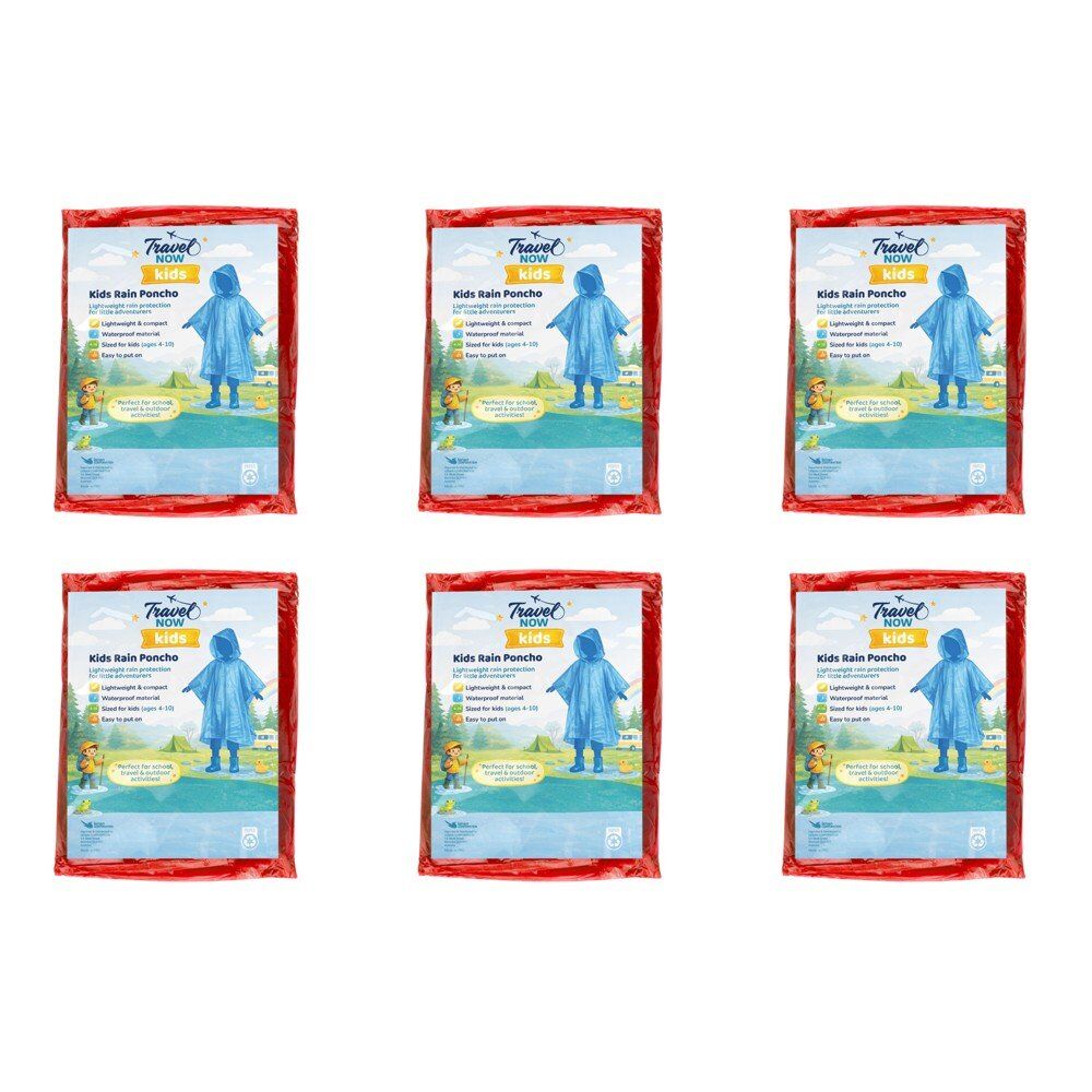Travel Now Kids Rain Poncho Hooded Ages 4-10 - Random Colour Supplied Pack of 6